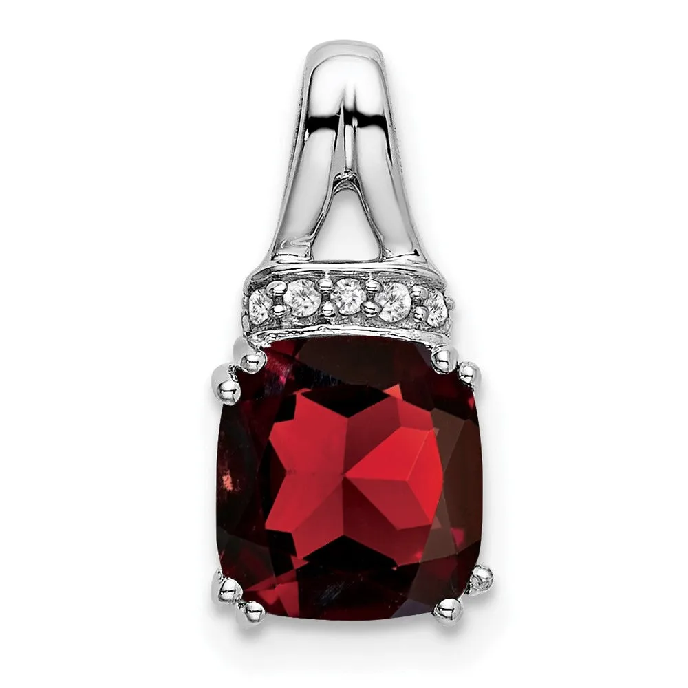 14k White Gold Cushion Garnet and Diamond Pendant