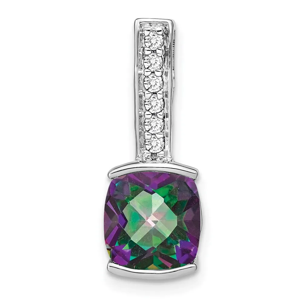 14k White Gold Cushion Mystic Fire Topaz and Diamond Pendant