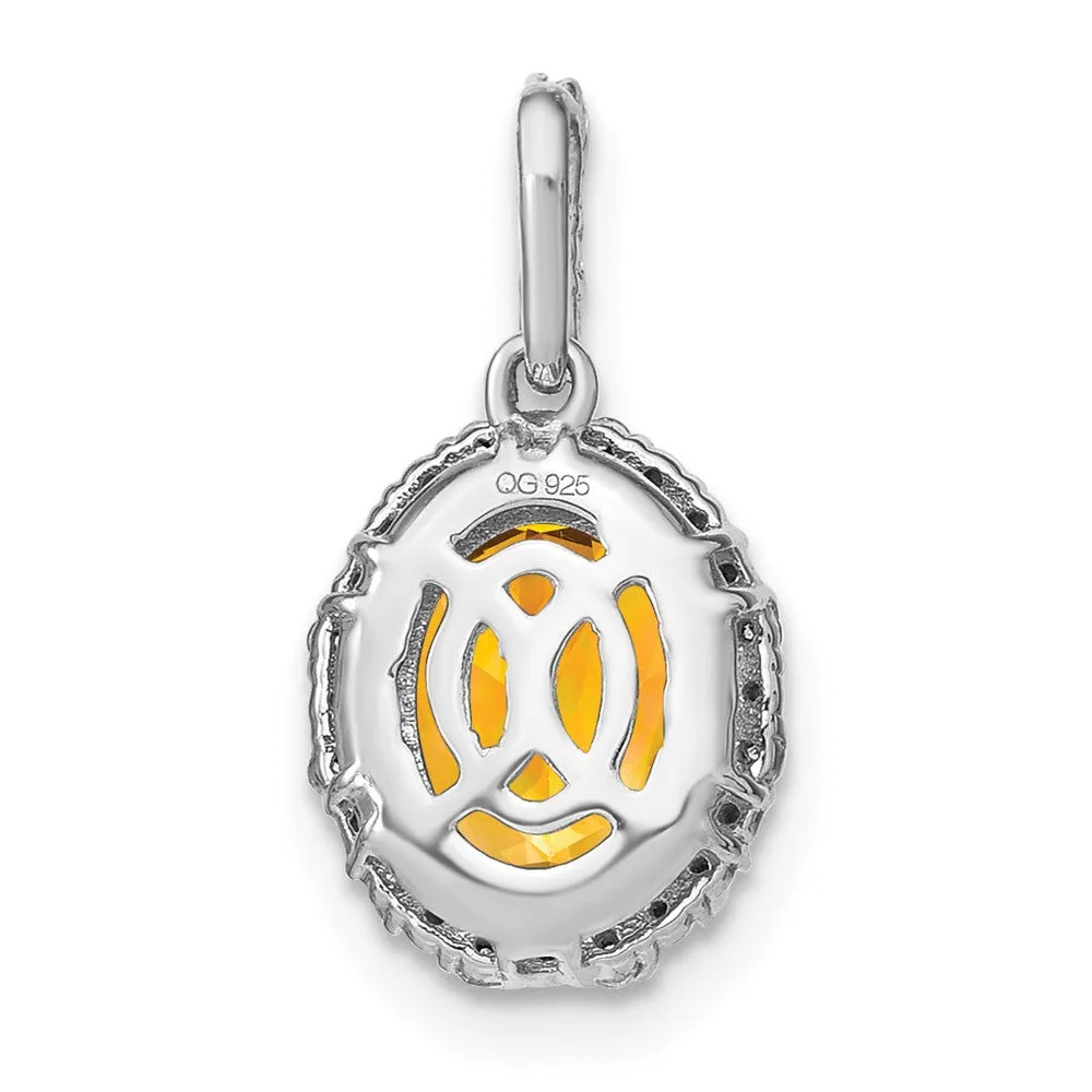 14k White Gold Oval Citrine and Diamond Halo Pendant