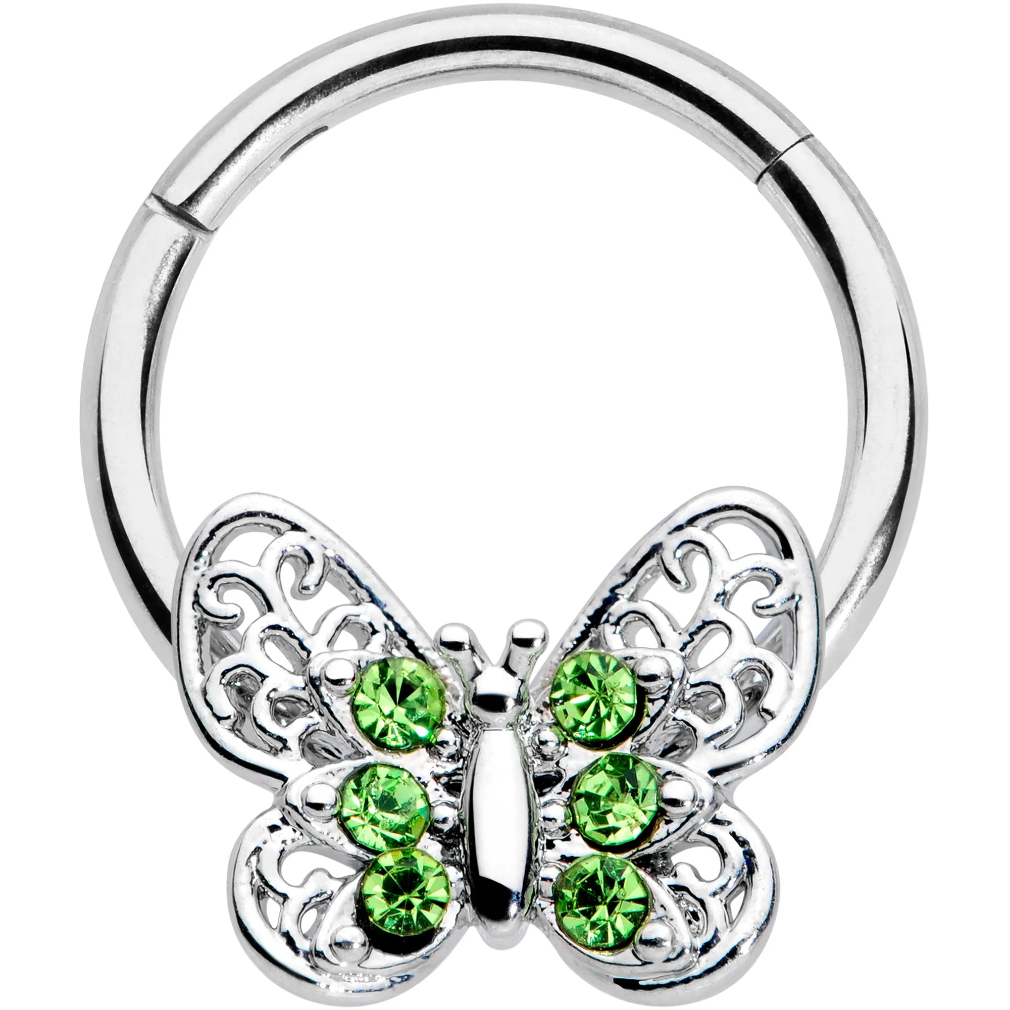 16 Gauge 3/8 Green Gem Lacy Butterfly Hinged Segment Ring