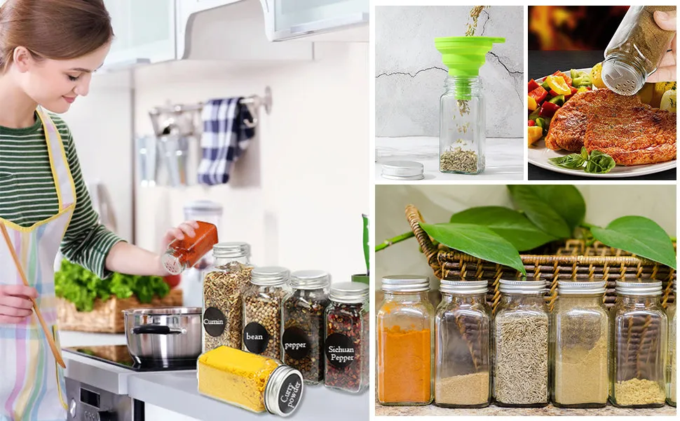 30 Pcs Glass Spice Jars with Spice Labels , 4oz Empty Square Spice Bottles with Shaker Lids and Airtight Metal Caps ,Chalk Marker and Silicone Collapsible Funnel Included