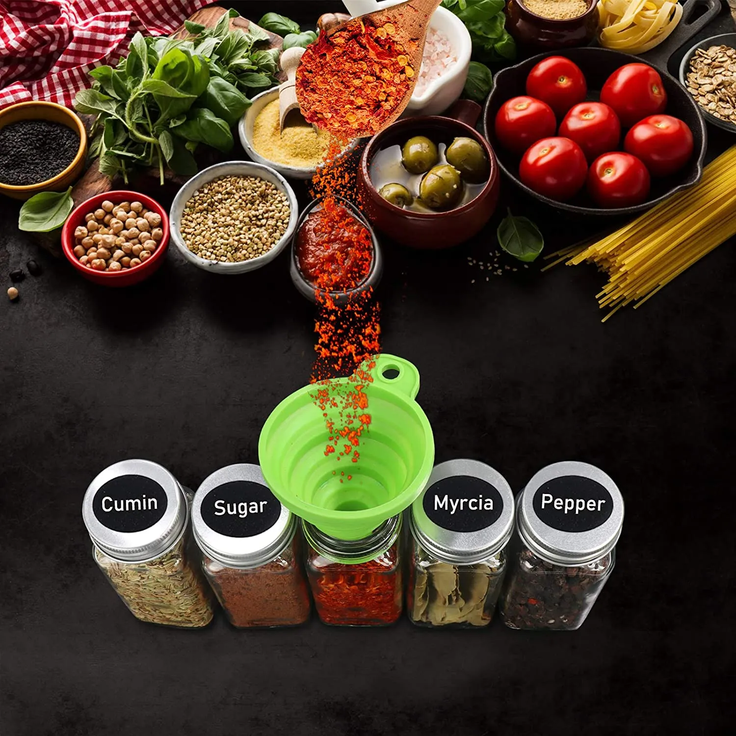 30 Pcs Glass Spice Jars with Spice Labels , 4oz Empty Square Spice Bottles with Shaker Lids and Airtight Metal Caps ,Chalk Marker and Silicone Collapsible Funnel Included