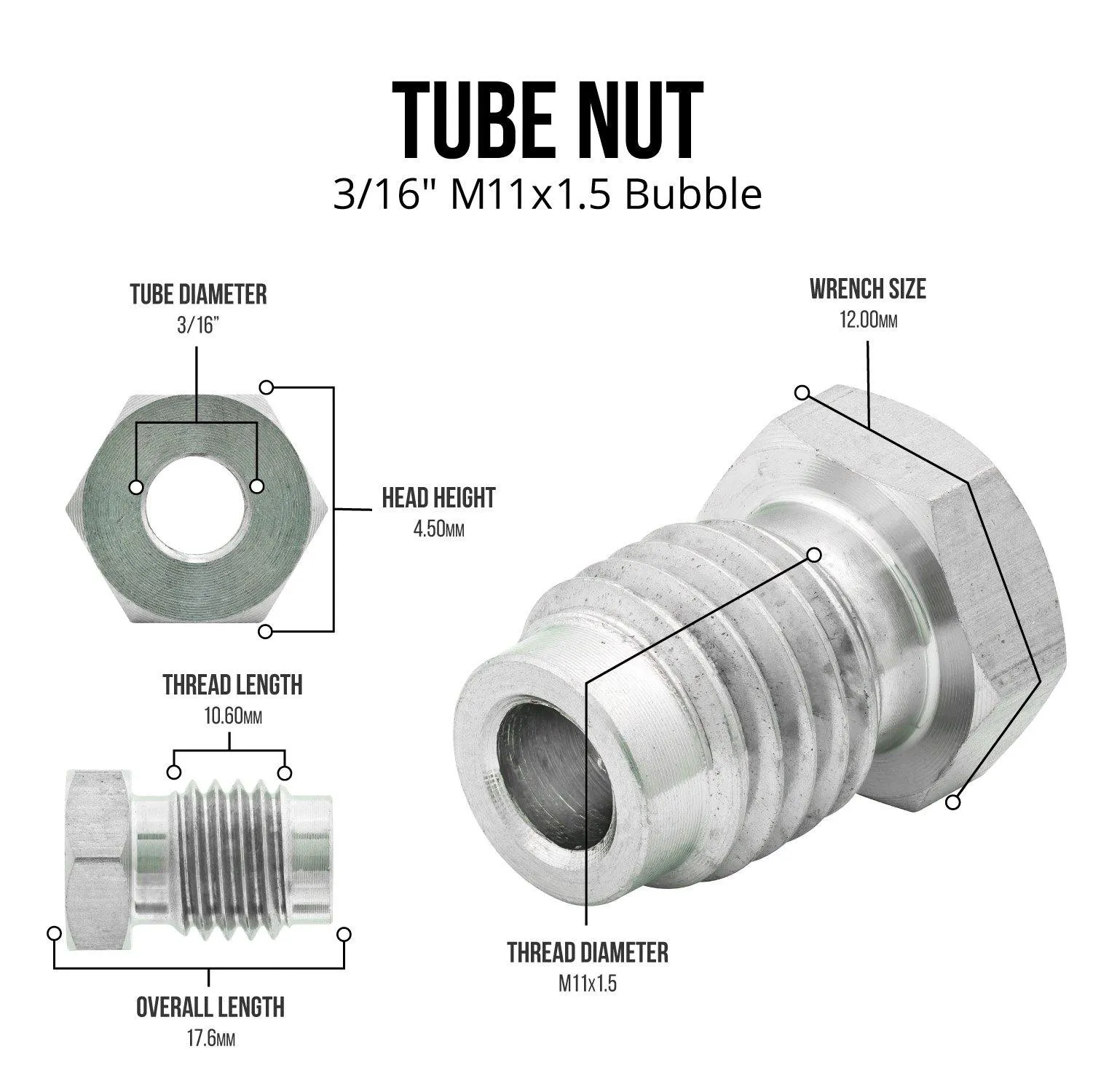 3/16" (M11x1.5 Bubble) Stainless Steel Tube Nut | 10ct