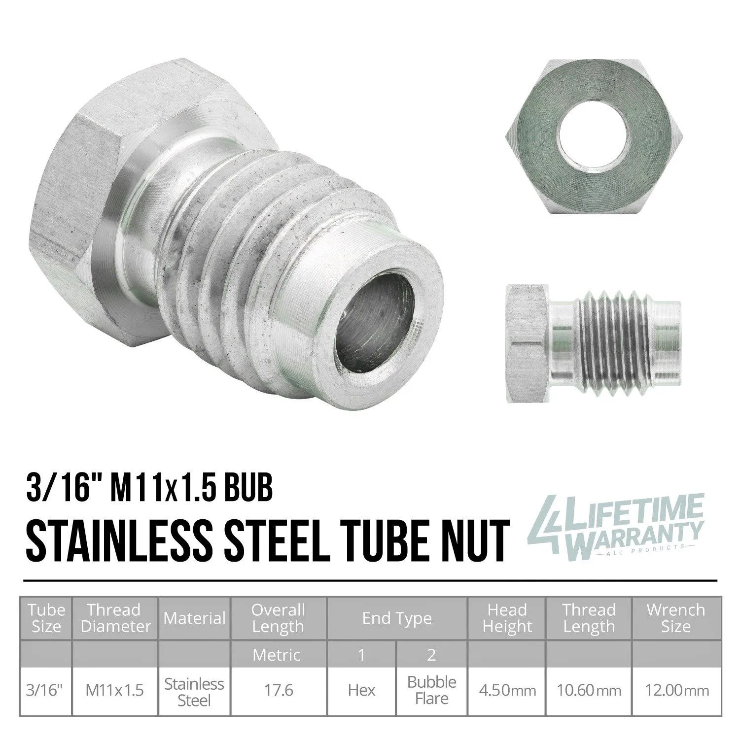 3/16" (M11x1.5 Bubble) Stainless Steel Tube Nut | 10ct