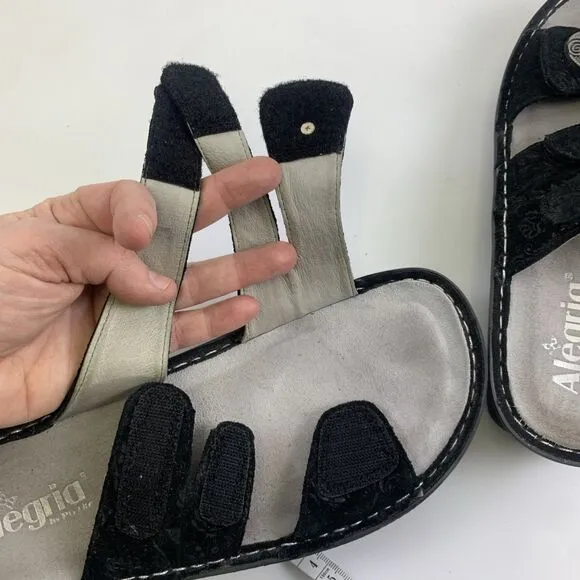 Alegria Strappy Slide Sandal Black Nubuck Embossed Slip On Womens 40 9.5 - 10