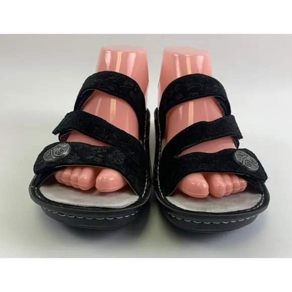 Alegria Strappy Slide Sandal Black Nubuck Embossed Slip On Womens 40 9.5 - 10