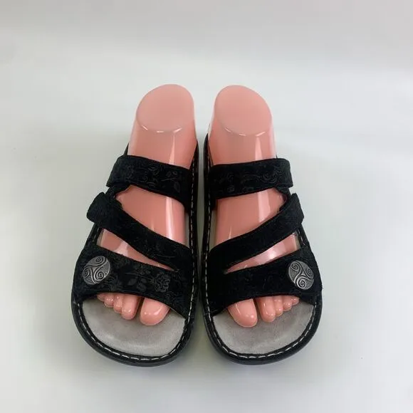 Alegria Strappy Slide Sandal Black Nubuck Embossed Slip On Womens 40 9.5 - 10