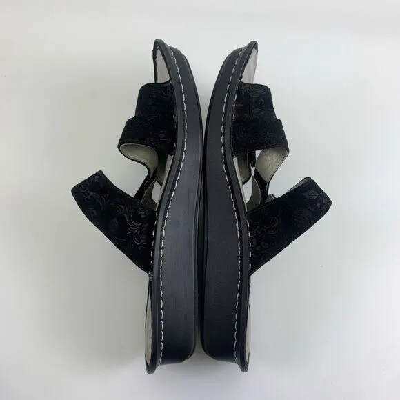 Alegria Strappy Slide Sandal Black Nubuck Embossed Slip On Womens 40 9.5 - 10