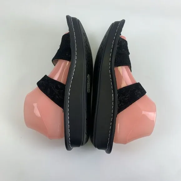 Alegria Strappy Slide Sandal Black Nubuck Embossed Slip On Womens 40 9.5 - 10