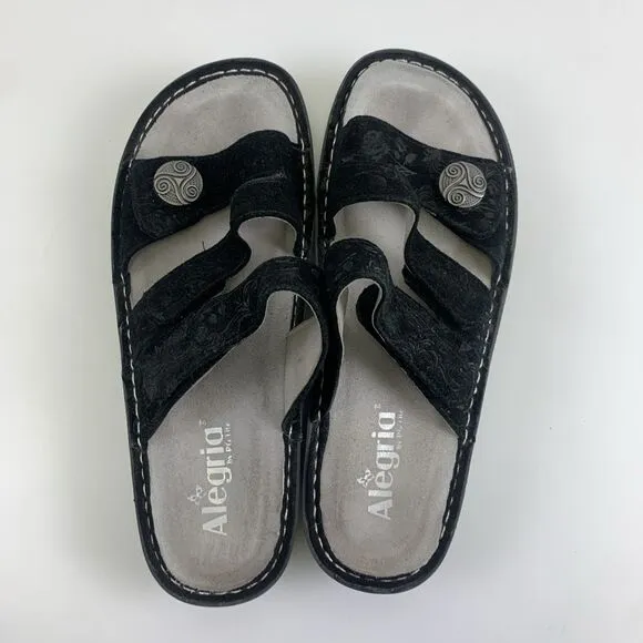 Alegria Strappy Slide Sandal Black Nubuck Embossed Slip On Womens 40 9.5 - 10