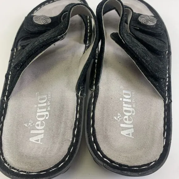 Alegria Strappy Slide Sandal Black Nubuck Embossed Slip On Womens 40 9.5 - 10