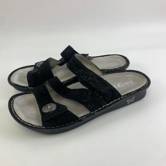Alegria Strappy Slide Sandal Black Nubuck Embossed Slip On Womens 40 9.5 - 10