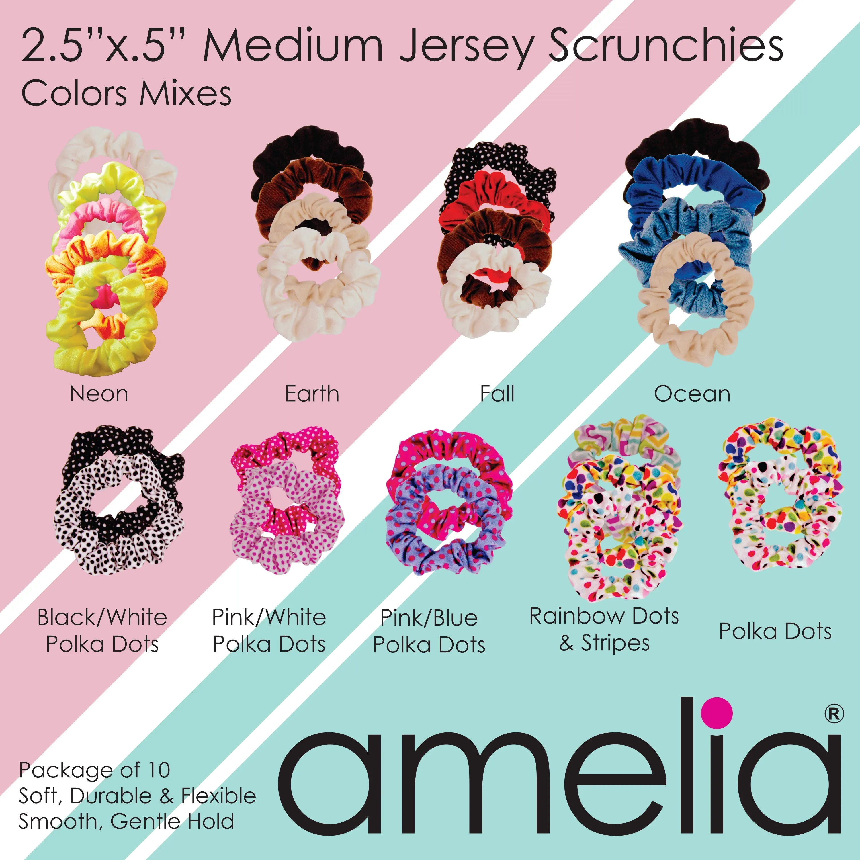 Amelia Beauty, Medium Pink with White Polka Dot Jersey Scrunchies, 2.5in Diameter, Gentle on Hair, Strong Hold, No Snag, No Dents or Creases. 10 Pack
