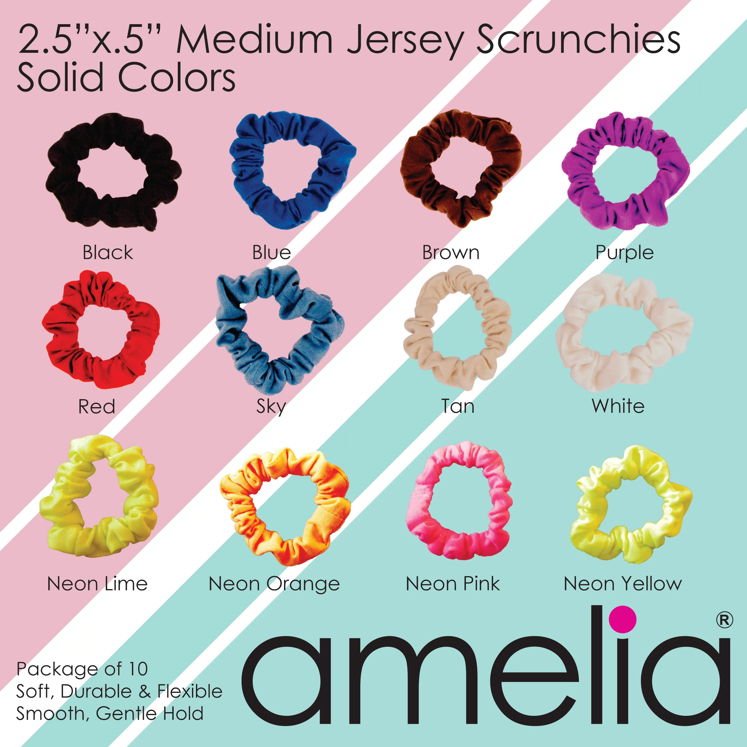 Amelia Beauty, Medium Red Jersey Scrunchies, 2.5in Diameter, Gentle on Hair, Strong Hold, No Snag, No Dents or Creases. 10 Pack