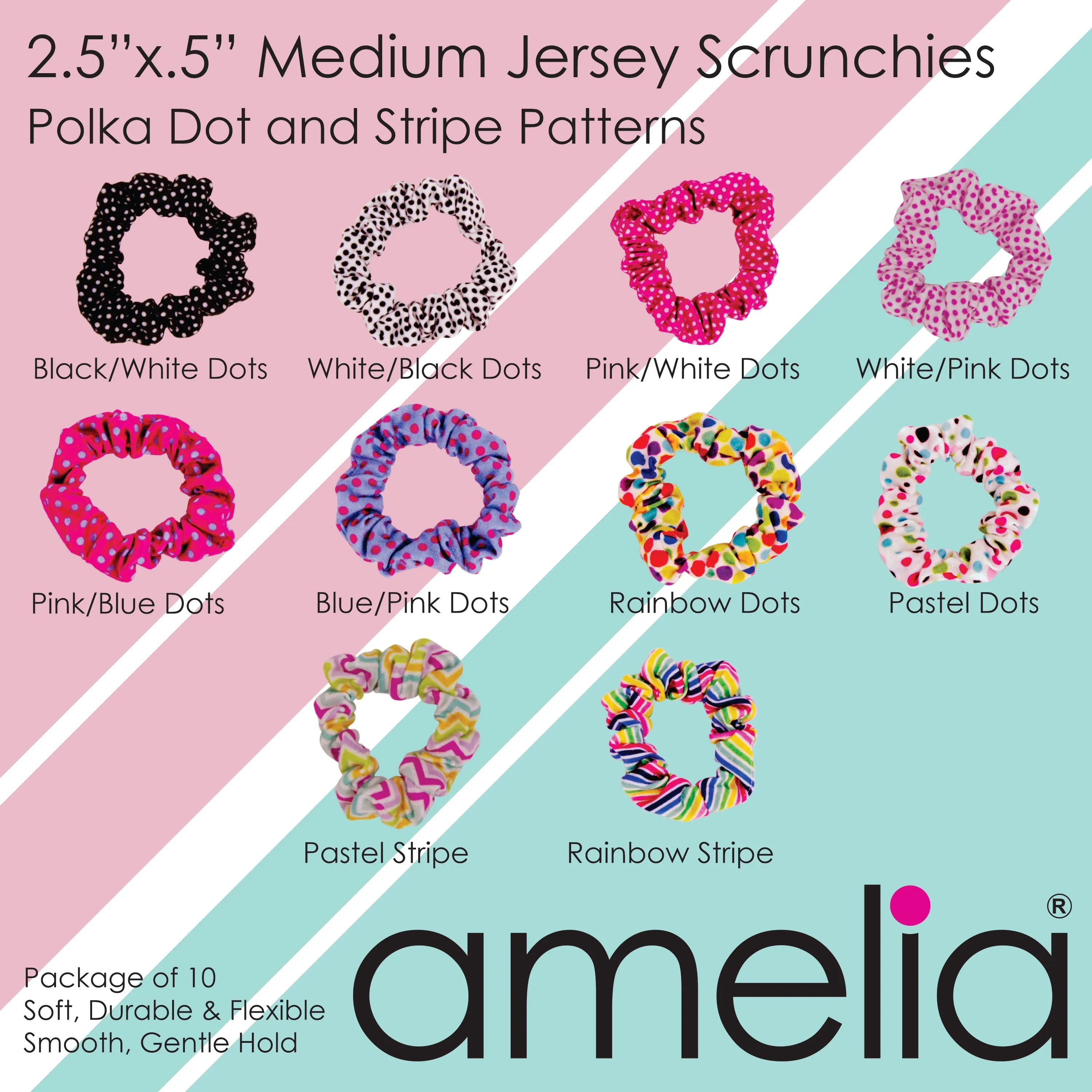 Amelia Beauty, Medium Red Jersey Scrunchies, 2.5in Diameter, Gentle on Hair, Strong Hold, No Snag, No Dents or Creases. 10 Pack