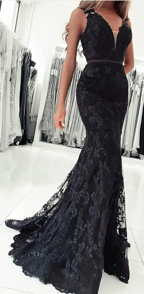 Anneprom Elegant Navy Blue V Neck Long Lace Mermaid Prom Evening Dresses APP0451