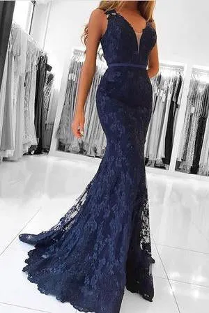 Anneprom Elegant Navy Blue V Neck Long Lace Mermaid Prom Evening Dresses APP0451