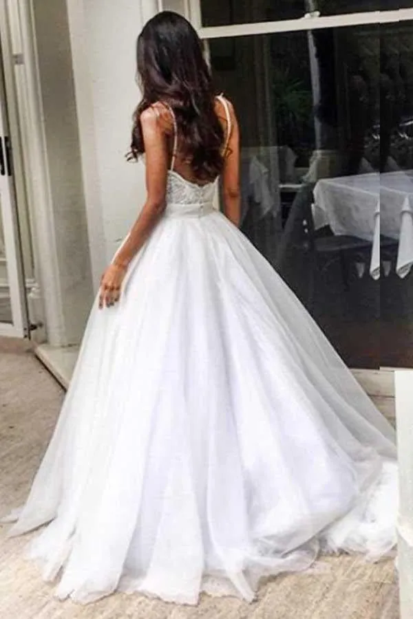 Anneprom Elegant Sweep Train Backless Wedding Dress With Lace Top Spaghetti Straps APW0208