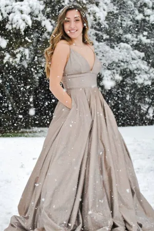 Anneprom New Style Elegant A line Spaghetti Straps V neck Satin Prom Dresses APP0517