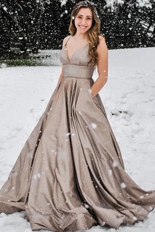 Anneprom New Style Elegant A line Spaghetti Straps V neck Satin Prom Dresses APP0517