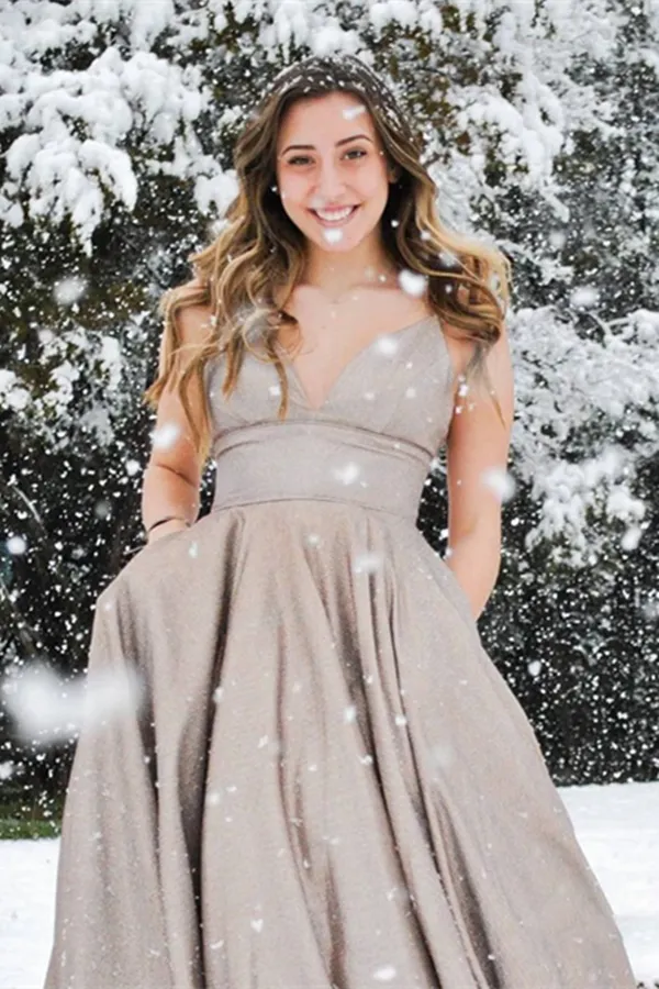 Anneprom New Style Elegant A line Spaghetti Straps V neck Satin Prom Dresses APP0517