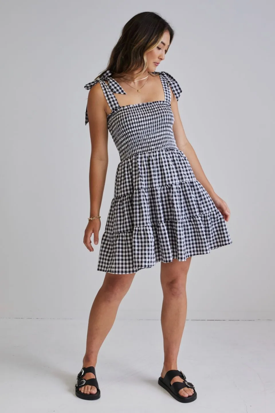 Arabella Black and White EOL Gingham Shirred Tie Strappy Mini Dress