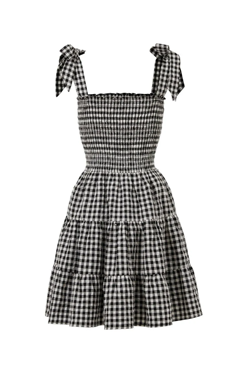 Arabella Black and White EOL Gingham Shirred Tie Strappy Mini Dress