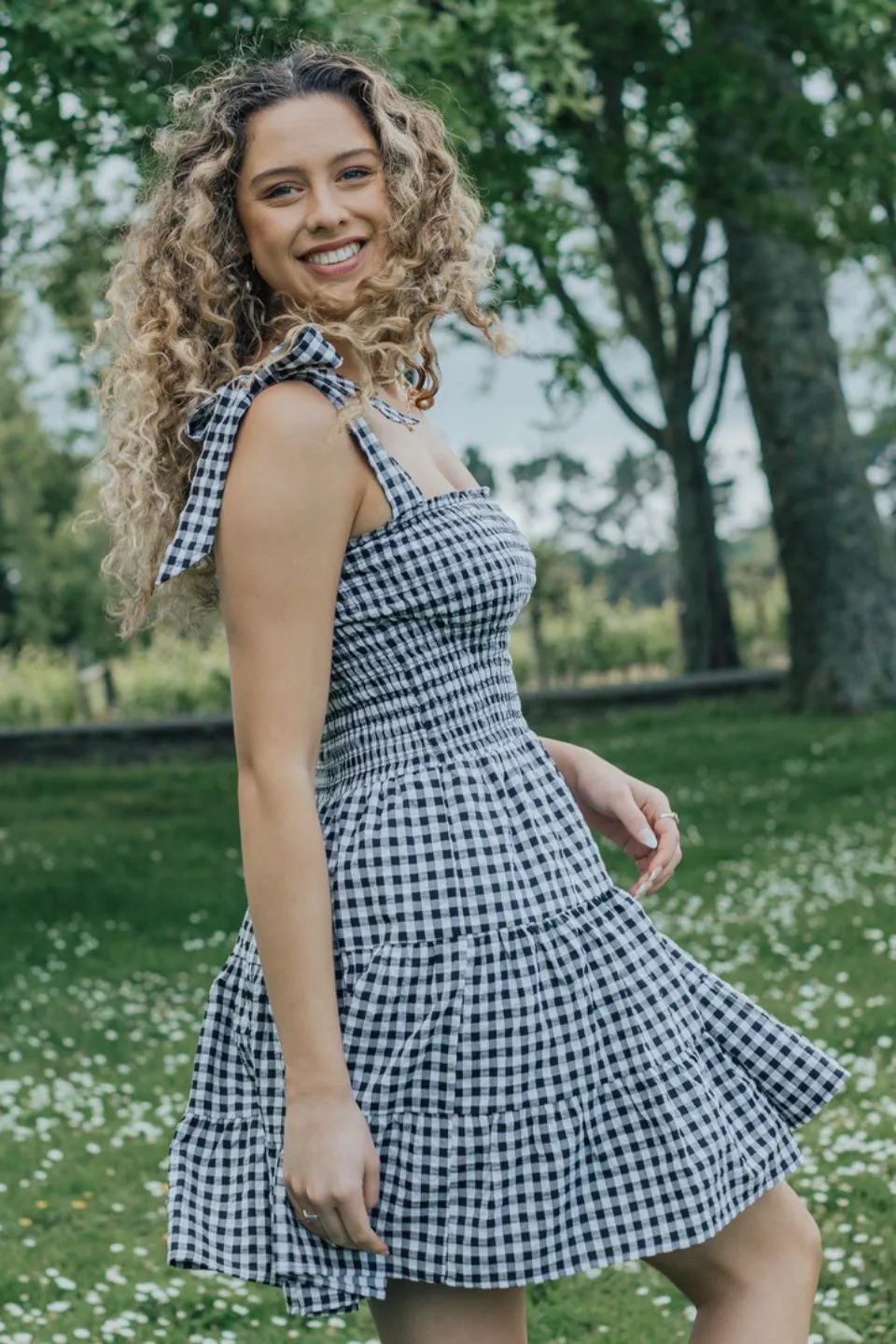 Arabella Black and White EOL Gingham Shirred Tie Strappy Mini Dress