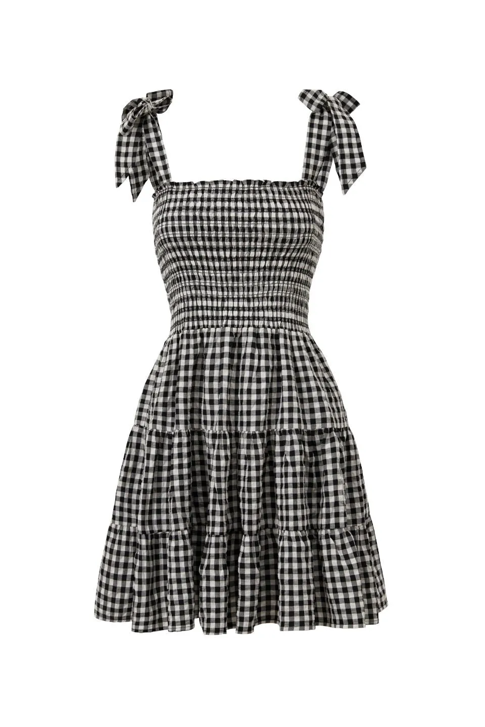 Arabella Black and White EOL Gingham Shirred Tie Strappy Mini Dress