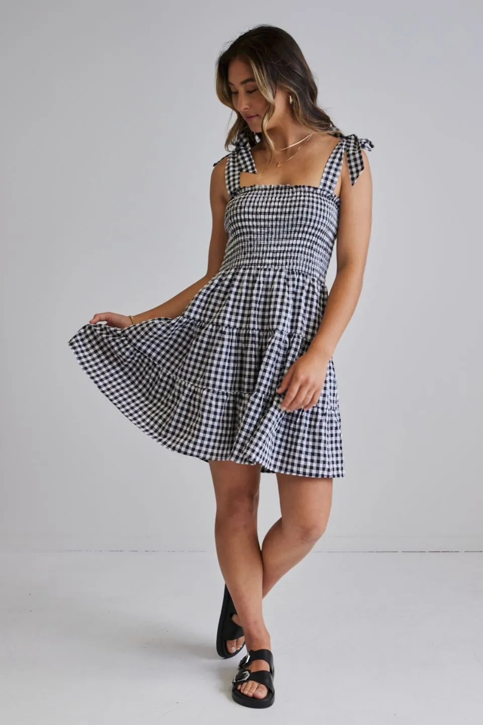 Arabella Black and White EOL Gingham Shirred Tie Strappy Mini Dress