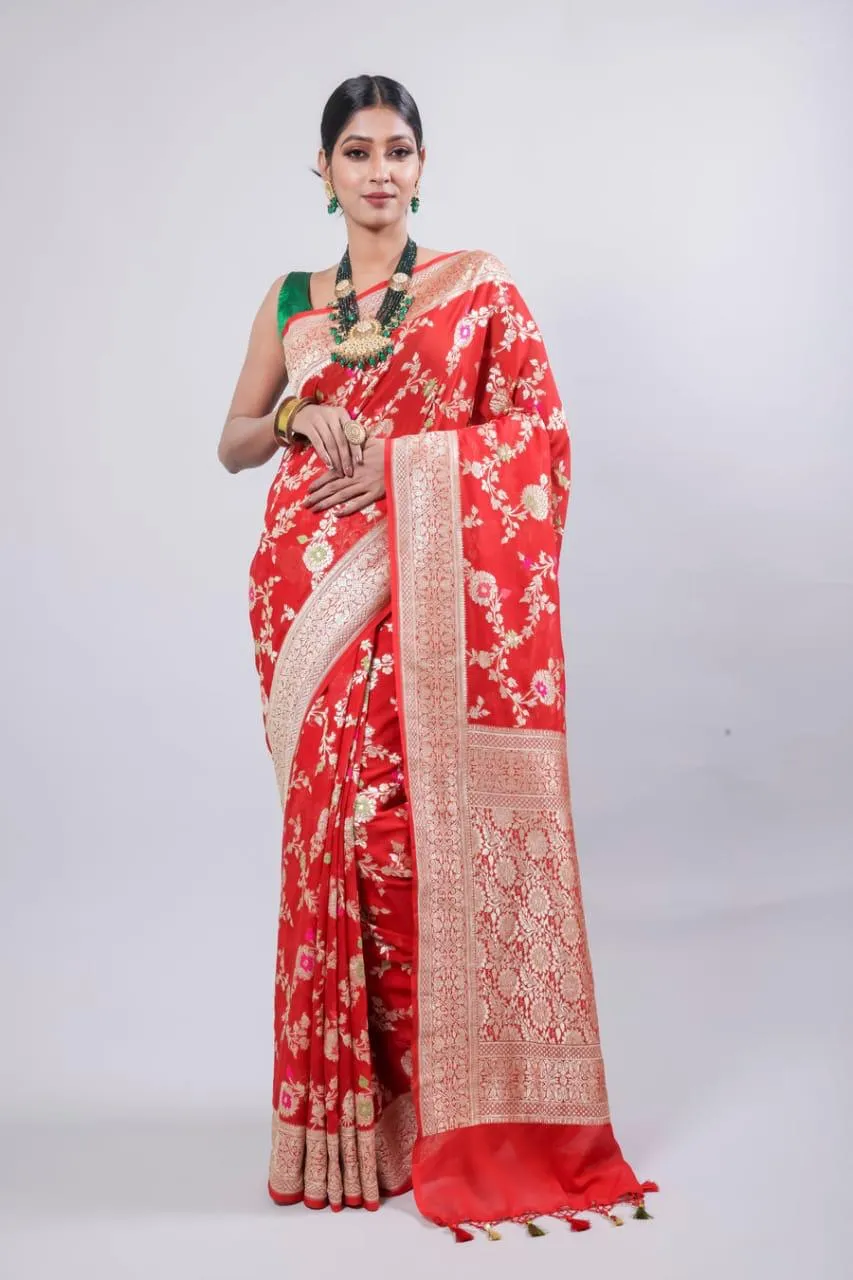 Banarasi Handloom Khaddi Georgette Silk Saree With Real Water Zari Weaving Work