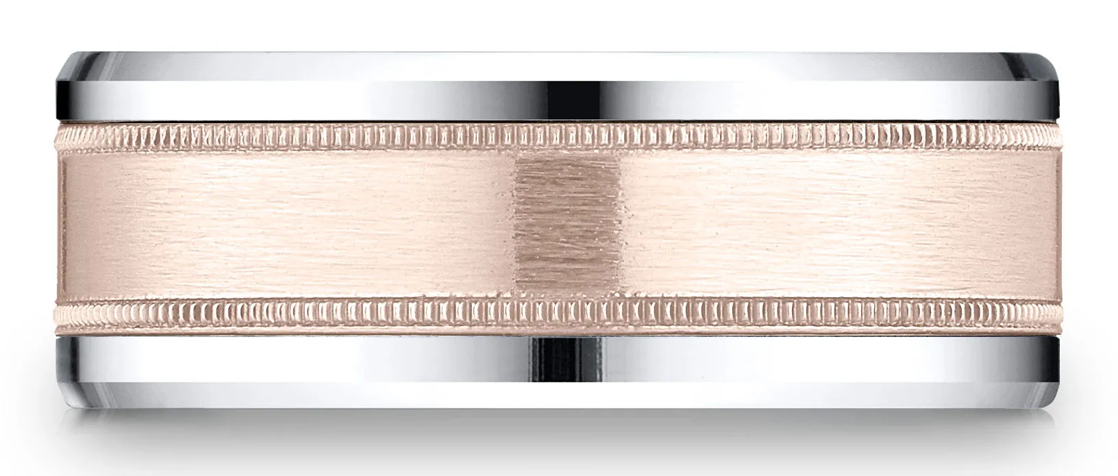 Benchmark 14k Two-Toned Gold 8mm Comfort-Fit Drop Bevel Satin Finish Milgrain Design Band, (Sizes 6-13)