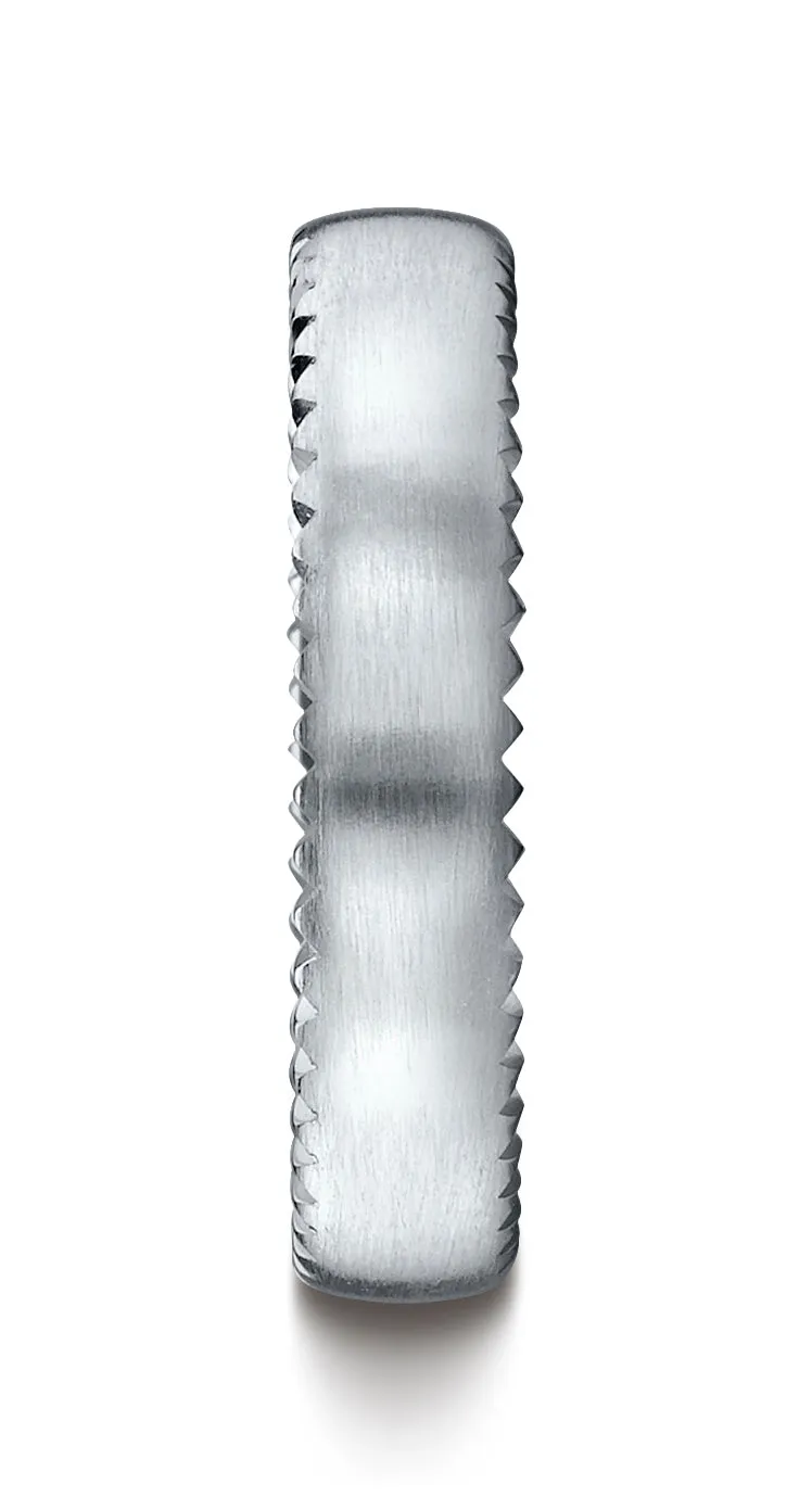 Benchmark 14K White Gold 4.5mm Comfort-Fit Satin-Finished Rivet Coin Edging Carved Design Wedding Band