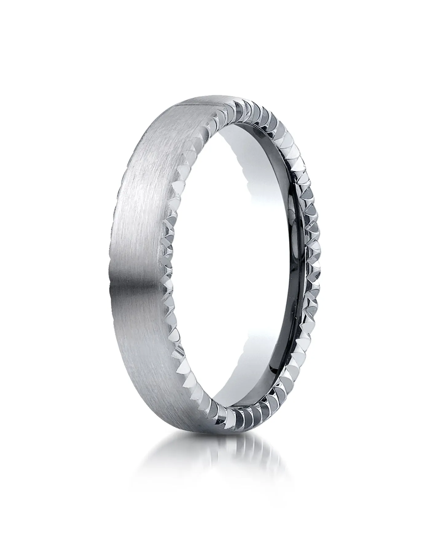 Benchmark 18K White Gold 4.5mm Comfort-Fit Satin-Finished Rivet Coin Edging Carved Design Wedding Band