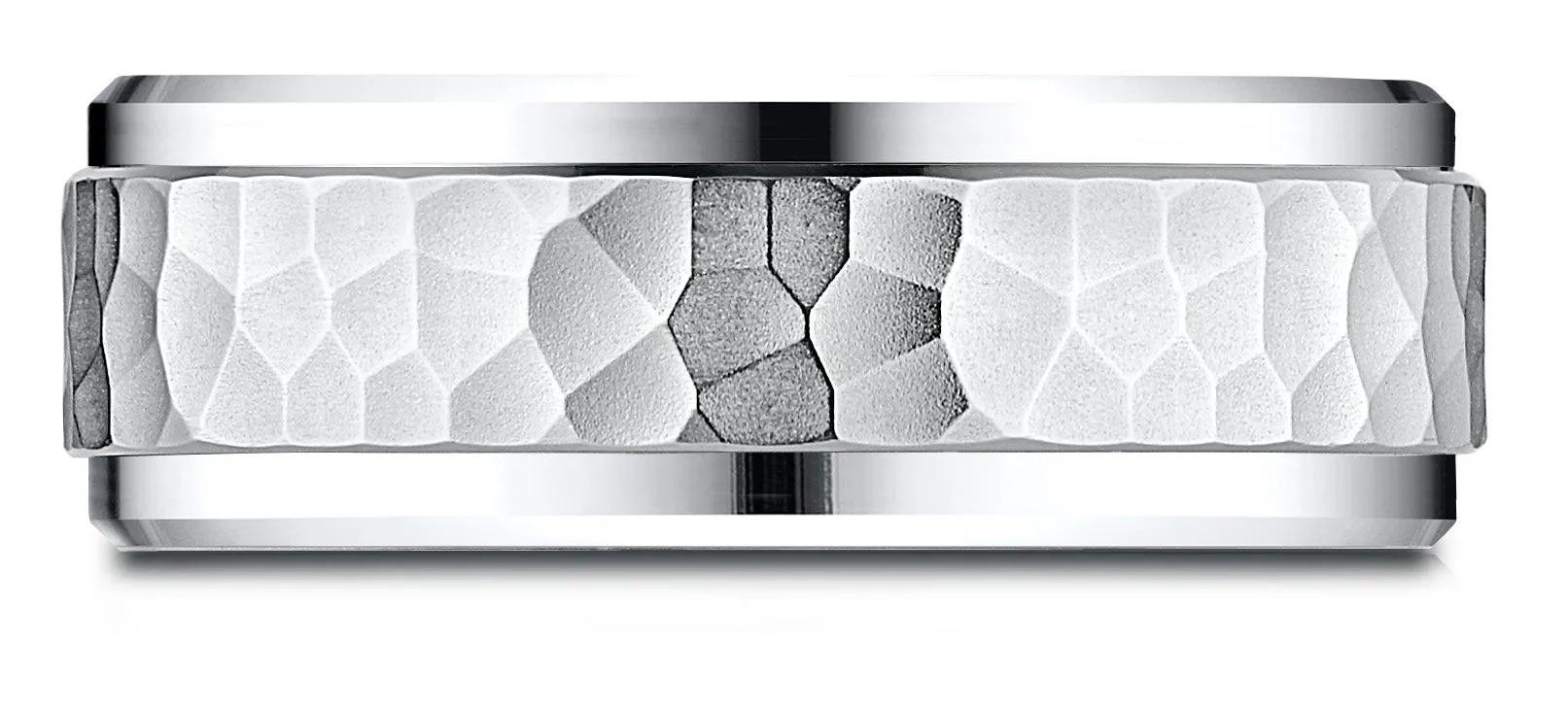 Benchmark 18k White Gold 8mm Comfort-Fit Drop Bevel Hammered Finish Design Band, (Sizes 4-15)