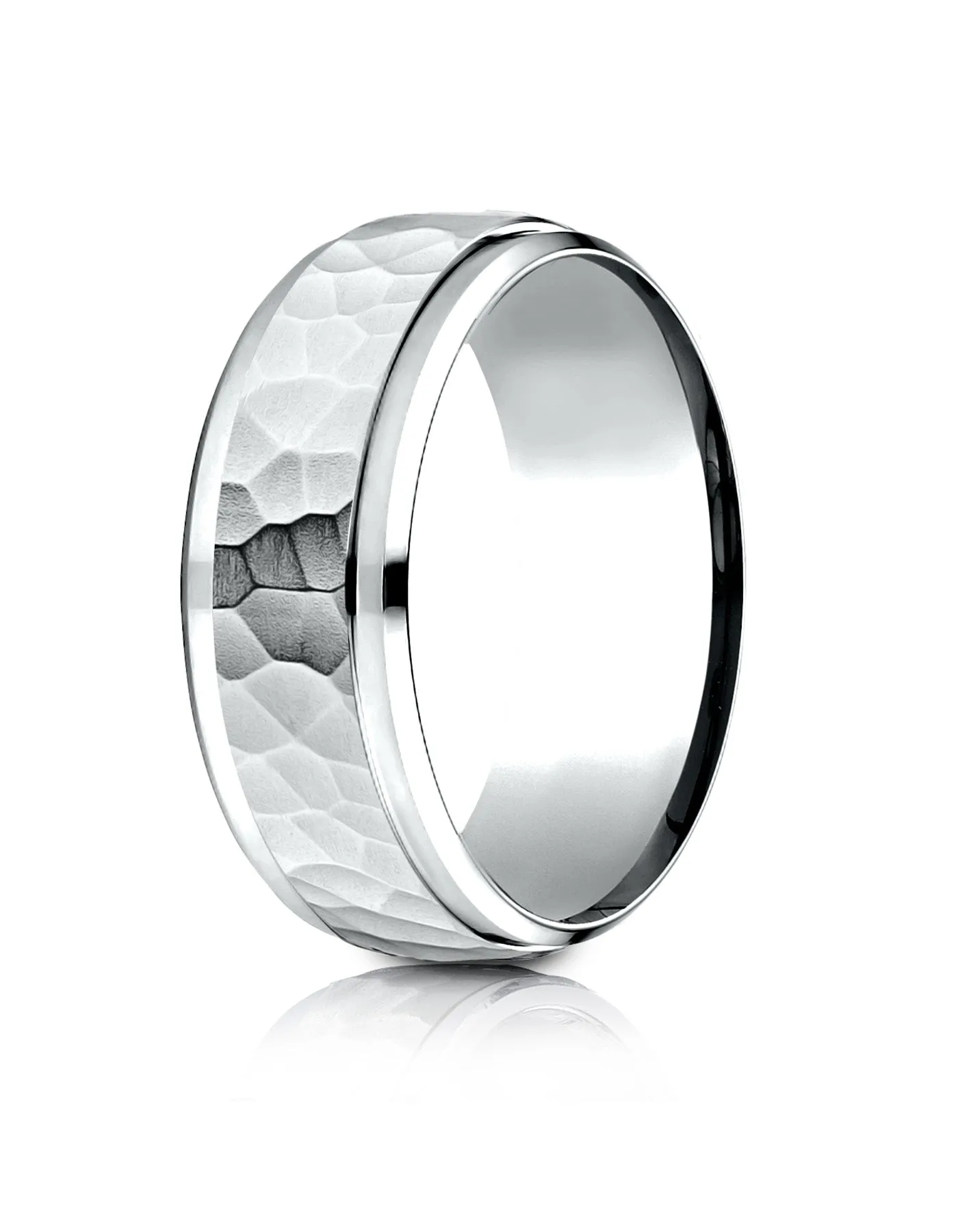 Benchmark 18k White Gold 8mm Comfort-Fit Drop Bevel Hammered Finish Design Band, (Sizes 4-15)