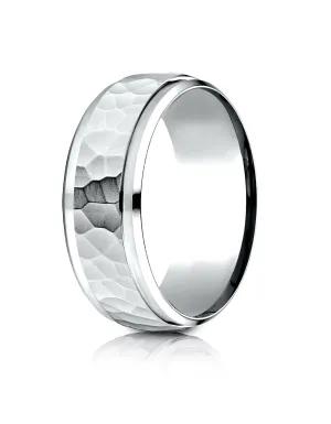Benchmark 18k White Gold 8mm Comfort-Fit Drop Bevel Hammered Finish Design Band, (Sizes 4-15)