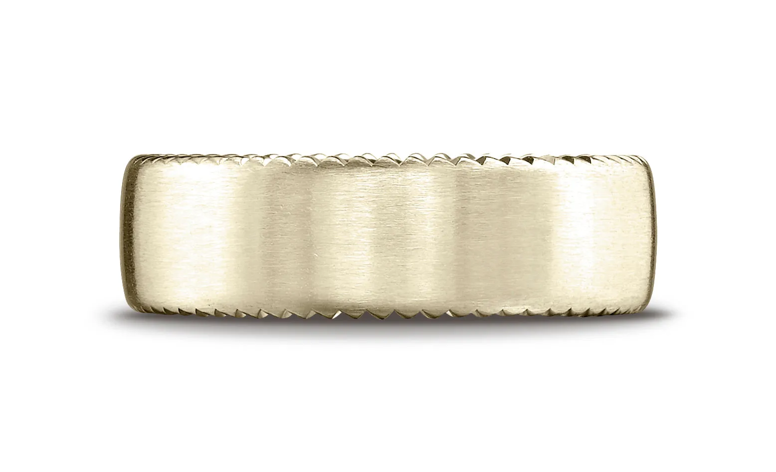 Benchmark 18K Yellow Gold 7.5mm Comfort-Fit Satin-Finished Rivet Coin Edging Carved Design Wedding Band