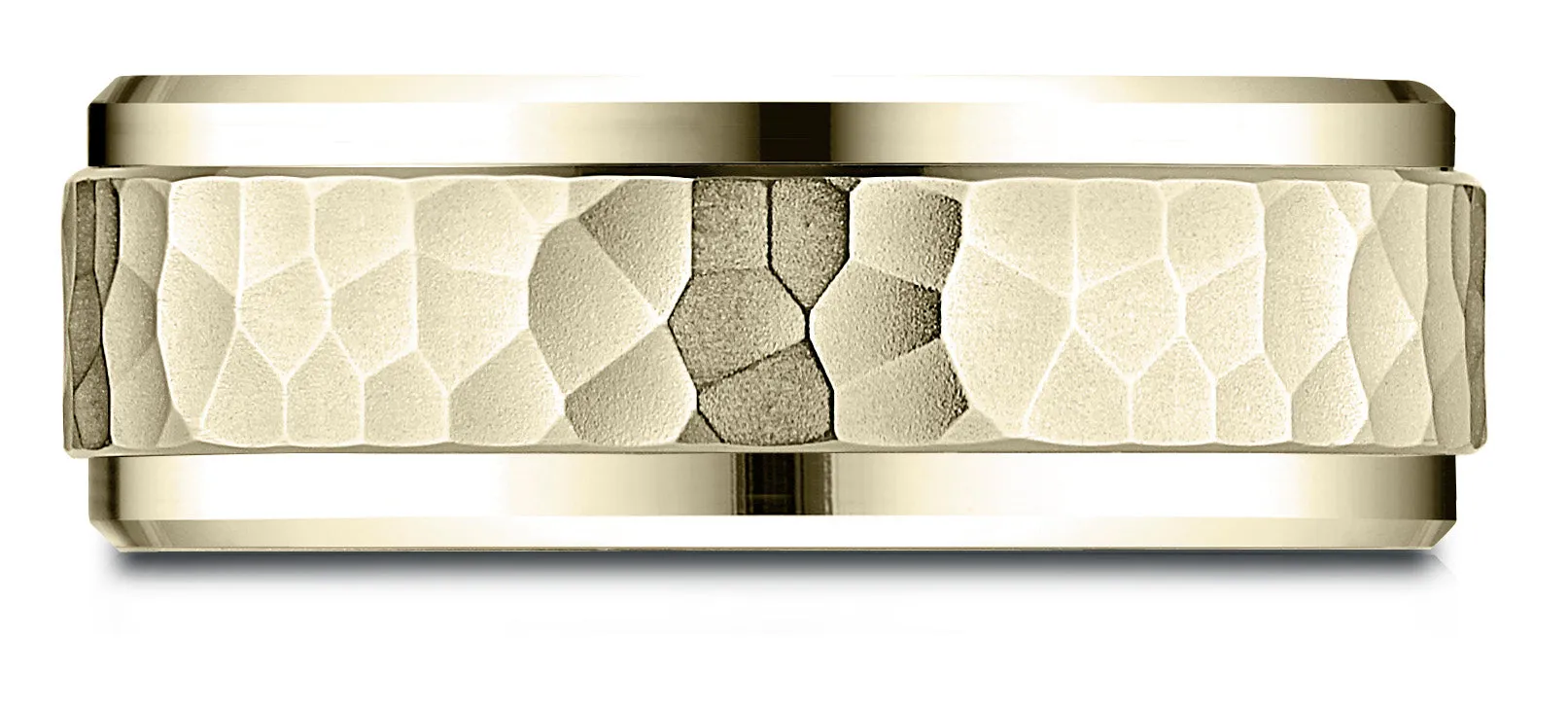 Benchmark 18k Yellow Gold 8mm Comfort-Fit Drop Bevel Hammered Finish Design Band, (Sizes 4-15)