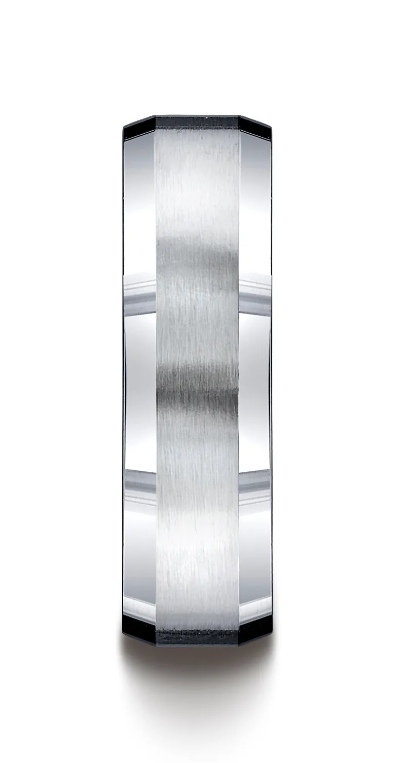 Benchmark Argentium Silver 7mm Comfort-Fit Satin-Finished Beveled Edge Design Wedding Band Ring
