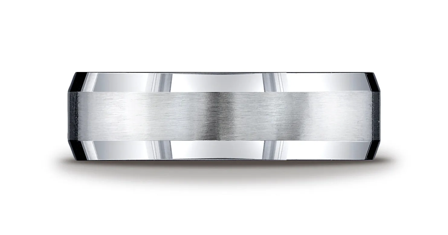 Benchmark Argentium Silver 7mm Comfort-Fit Satin-Finished Beveled Edge Design Wedding Band Ring