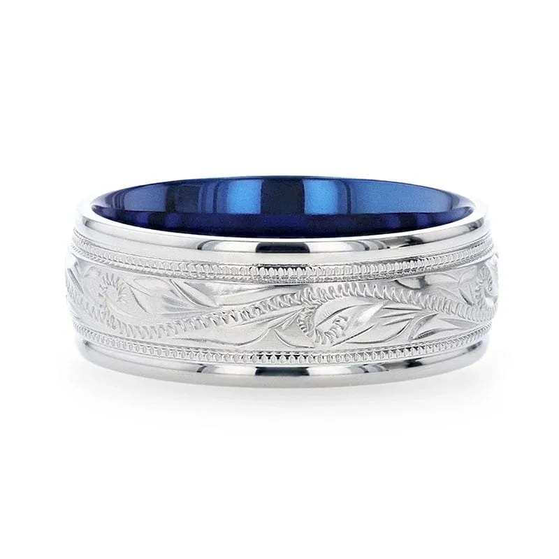 Benton Titanium Milgrain Engraved Finish Wedding Ring Blue Plating Inside - 8mm