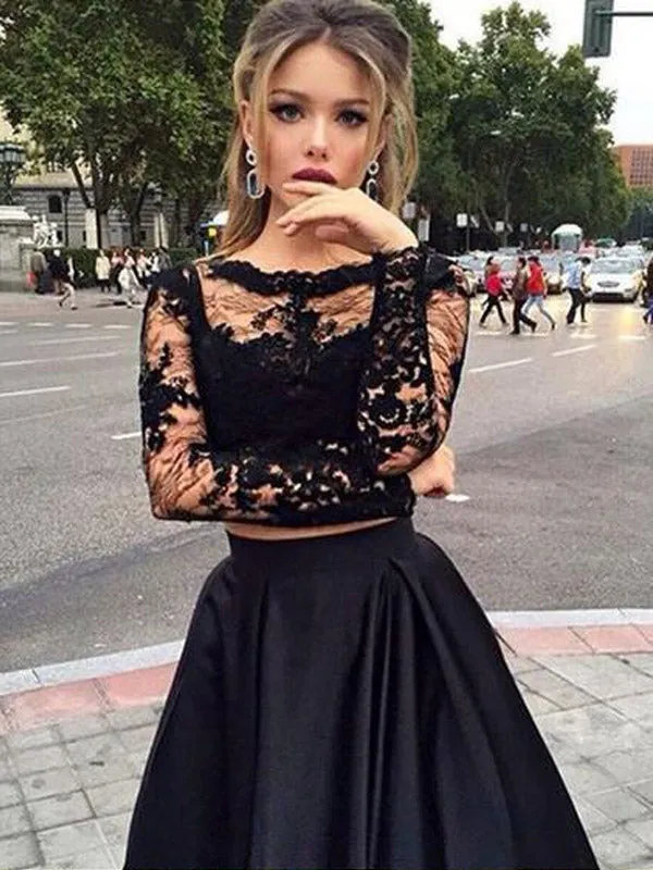 Black Illusion Lace Long Sleeve Elegant Two-piece A-line Prom Dresses, PD0045