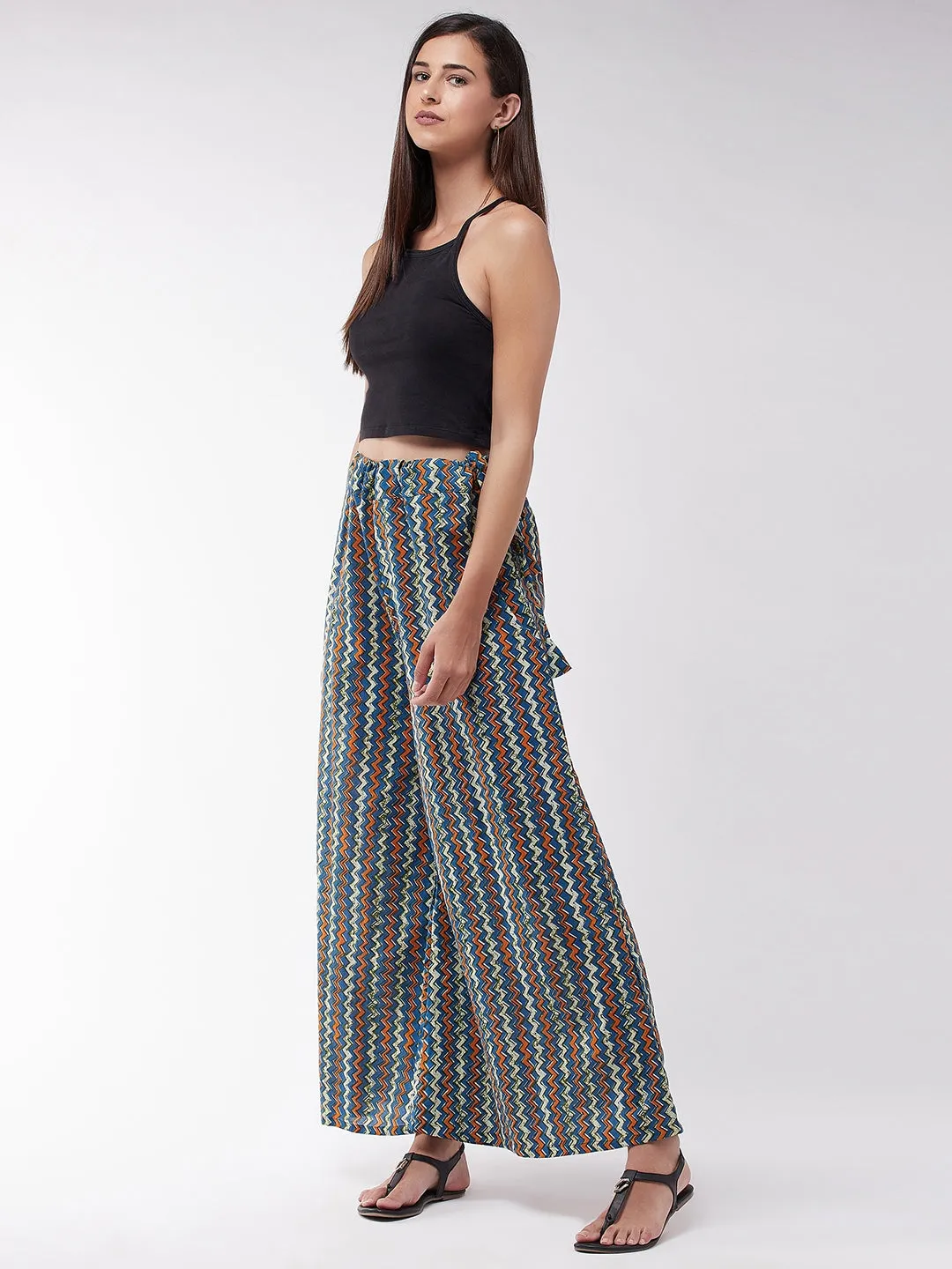 Blue Orange Zig Zag Print Palazzo