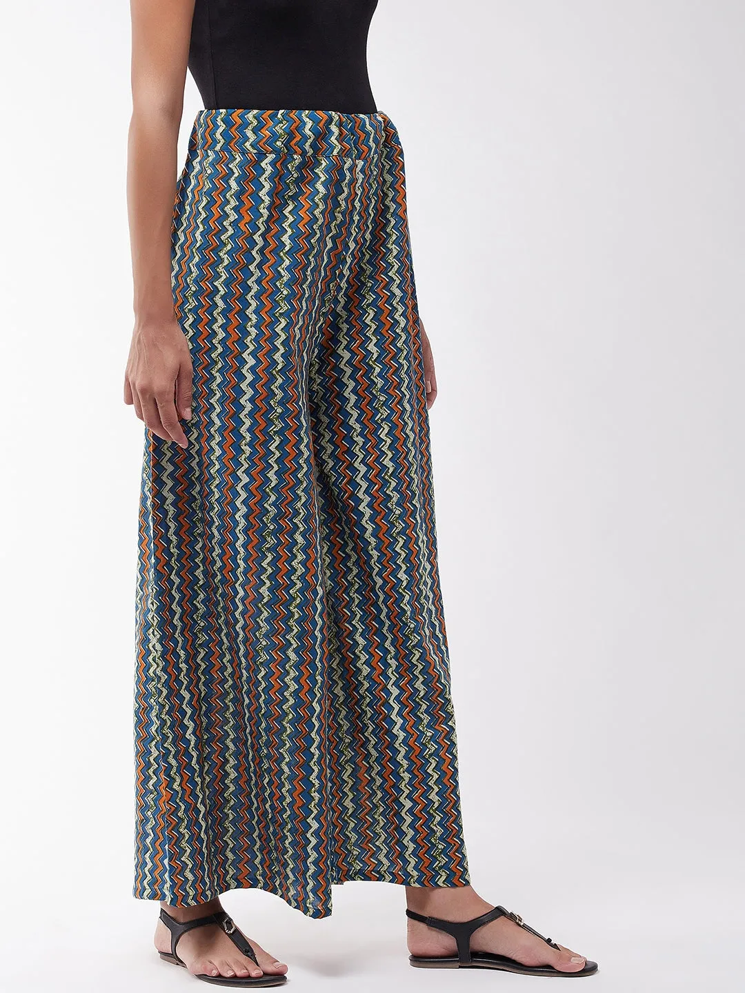 Blue Orange Zig Zag Print Palazzo