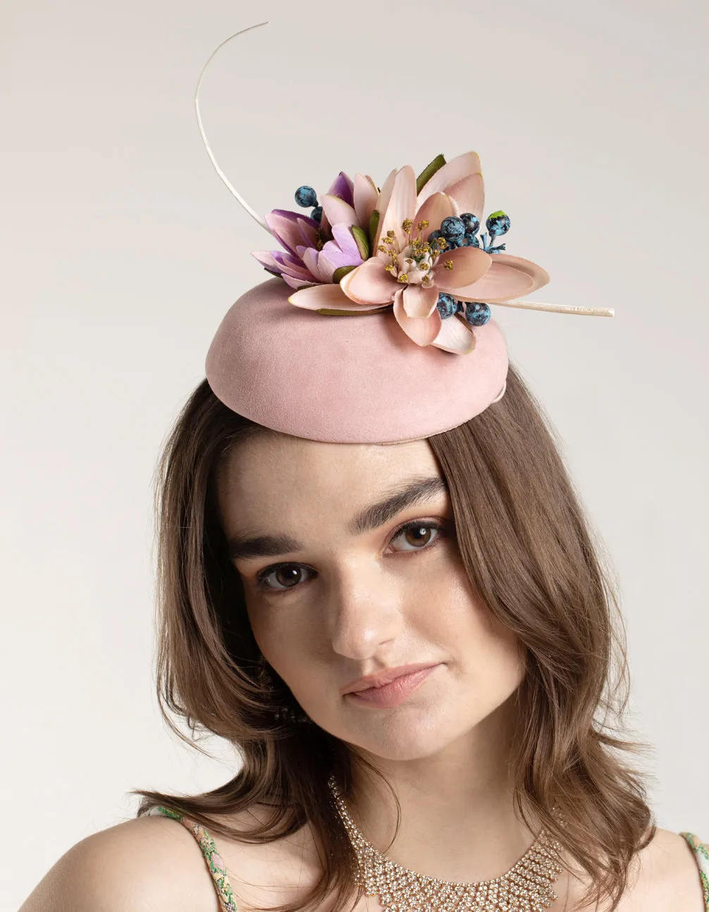 Blush Fabric Pillbox With Floral & Quill Detail