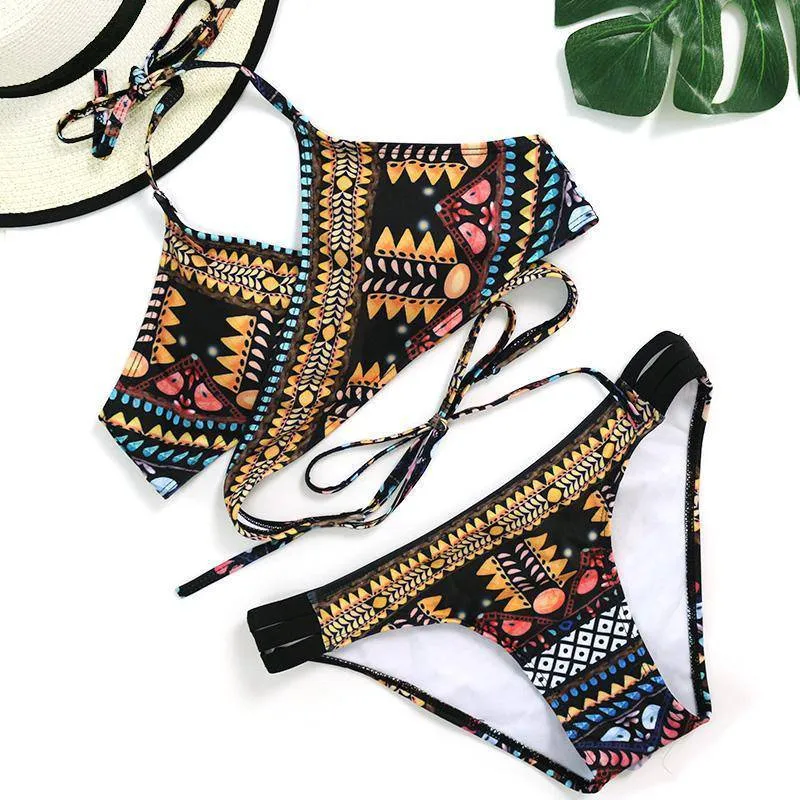 Bohemian Bandage Aztec Print Strappy Bikini Set