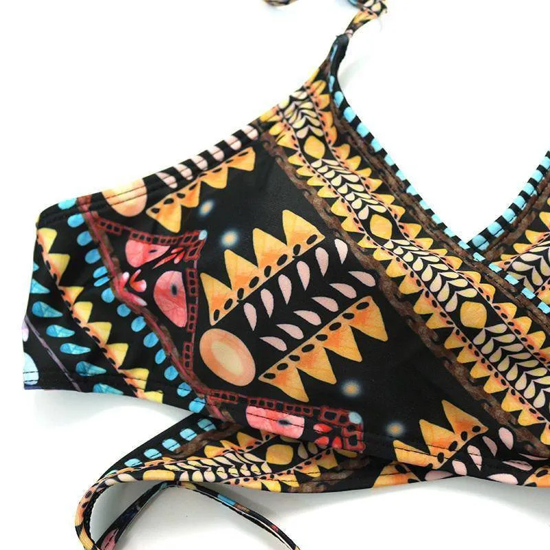 Bohemian Bandage Aztec Print Strappy Bikini Set