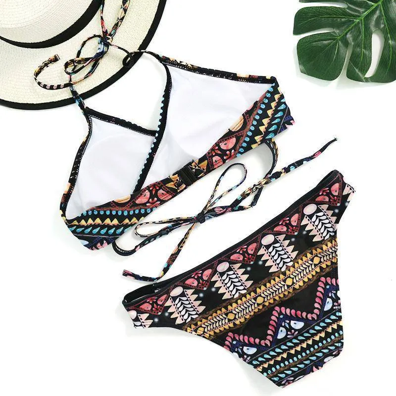 Bohemian Bandage Aztec Print Strappy Bikini Set