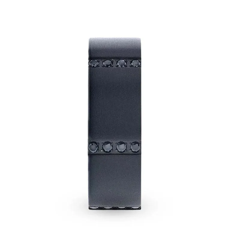 BOULDER Black Titanium Ring with 6 Sets of Quadruple Black Sapphires In Horizontal Channels - 8mm